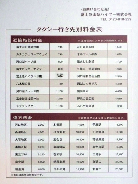 タクシー行き先別料金表